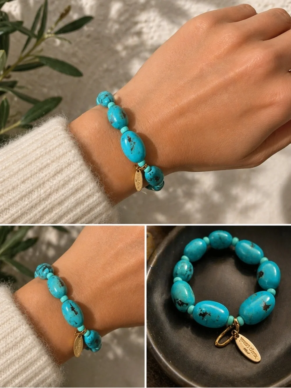 Wendy Mink  Turquoise-Bead Stretch Bracelet with Gold Charm